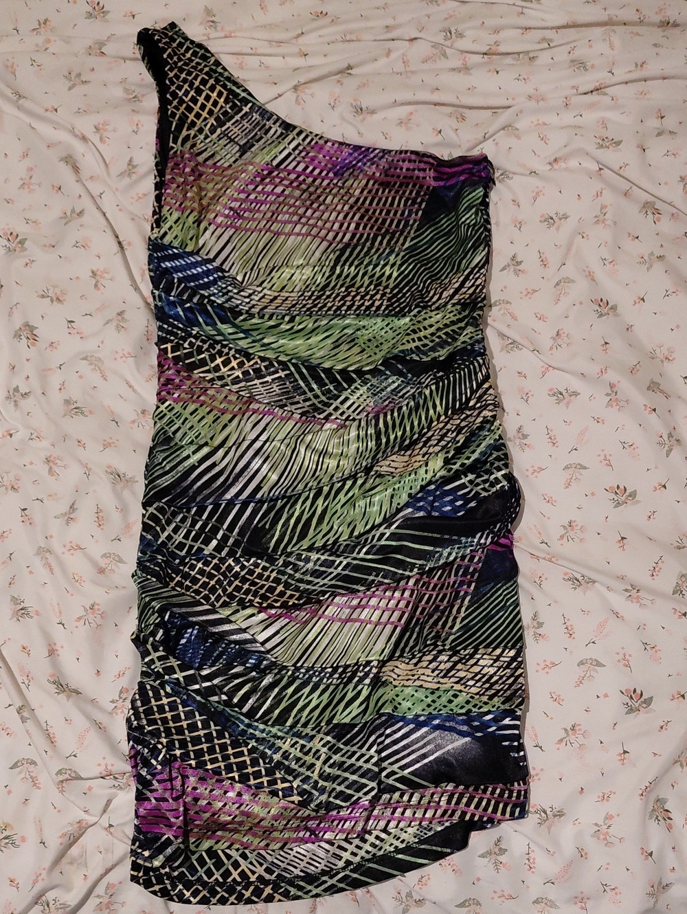 One-Shoulder Multicolor Women's Dress - Black with Green, Blue & Purple Accents